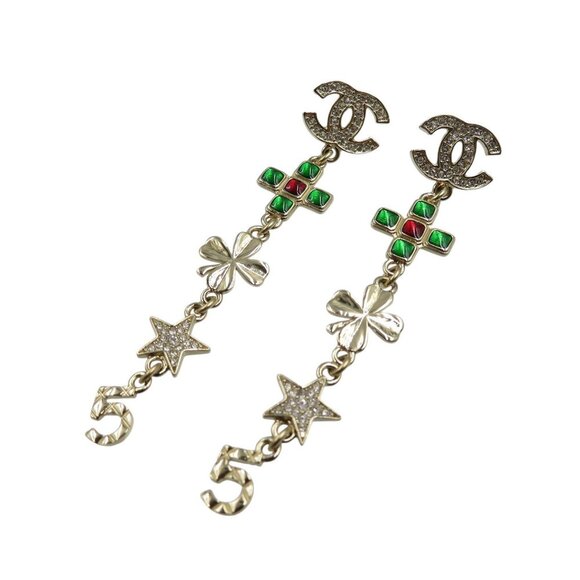 CHANEL B23C Coco Mark Star AB9853 2023 Metal Rhinestone Gold Green Red Earrings - Picture 1 of 5